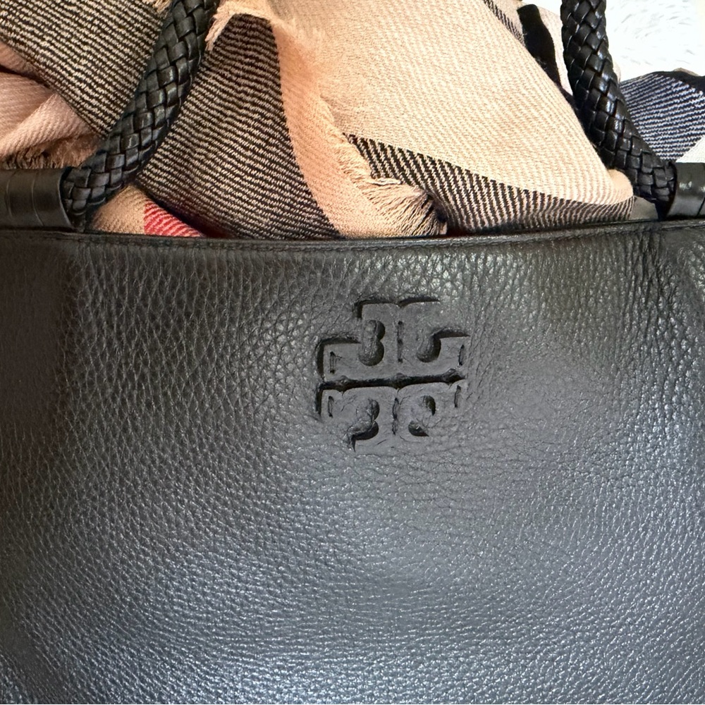 Tory Burch Black Pebbled Leather Large Tote with Braided Handles
